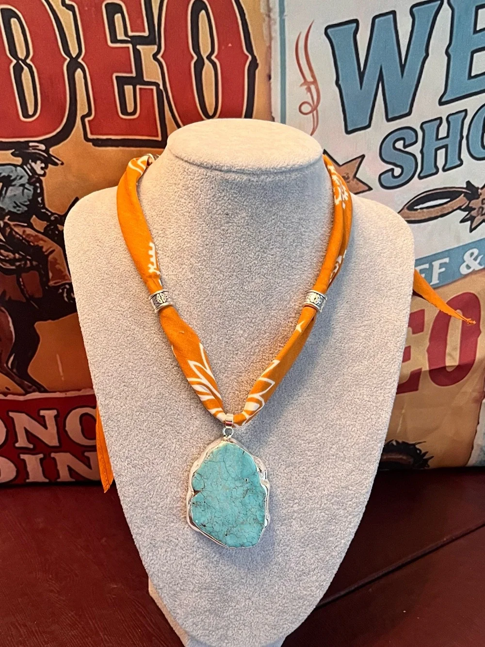 Boho, Festival Concert Turquoise “Dandelion” Bandana Scarf on Terracotta Bandana
